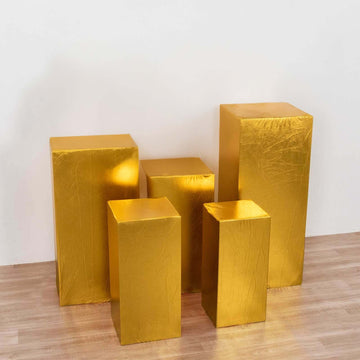 Set of 5 Metallic Gold Spandex Rectangle Pedestal Stand Covers, Stretchable Pillar Prop Covers - 160 GSM