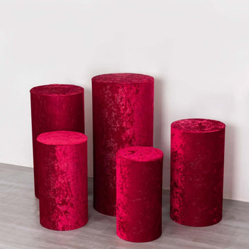 Set of 5 Red Crushed Velvet Cylinder Pedestal Stand Covers, Premium Pillar Prop Covers