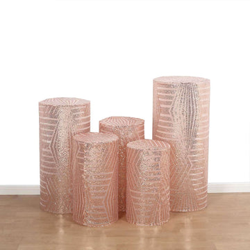 Set of 5 Rose Gold Sequin Mesh Cylinder Pedestal Stand Covers with Geometric Pattern Embroidery, Sparkly Sheer Tulle Pillar Prop Covers