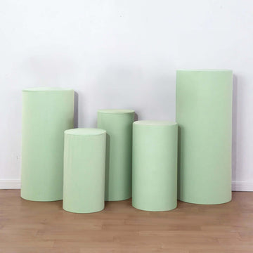 Set of 5 Sage Green Spandex Cylinder Pedestal Stand Covers, Stretchable Pillar Prop Covers - 160 GSM