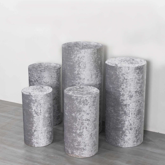 Set of 5 Silver Crushed Velvet Cylinder Pedestal Stand Covers, Premium Pillar Prop Covers