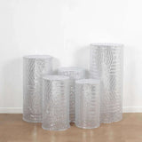 Set of 5 Silver Sequin Mesh Cylinder Pedestal Pillar Prop Covers with Geometric Pattern Embroidery