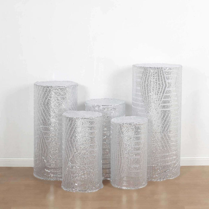 Set of 5 Silver Sequin Mesh Cylinder Pedestal Pillar Prop Covers with Geometric Pattern Embroidery