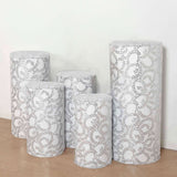 Set of 5 Silver Sequin Mesh Cylinder Pedestal Pillar Prop Covers with Leaf Vine Embroidery