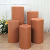 Set of 5 Terracotta (Rust) Cylinder Stretch Fitted Pedestal Pillar Prop Covers