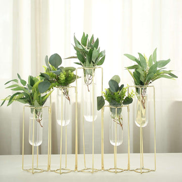 Set of 5 Wedding Centerpieces Gold Frame Conjoined Geometric Design - Test Tube Hydroponic Vases 12"