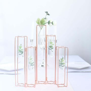 Set of 5 Wedding Centerpieces Rose Gold Frame Conjoined Geometric Design - Test Tube Hydroponic Vases 15"