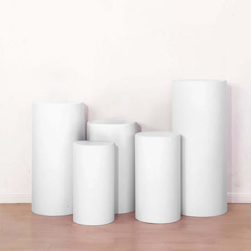 Set of 5 White Spandex Cylinder Pedestal Stand Covers, Stretchable Pillar Prop Covers - 160 GSM