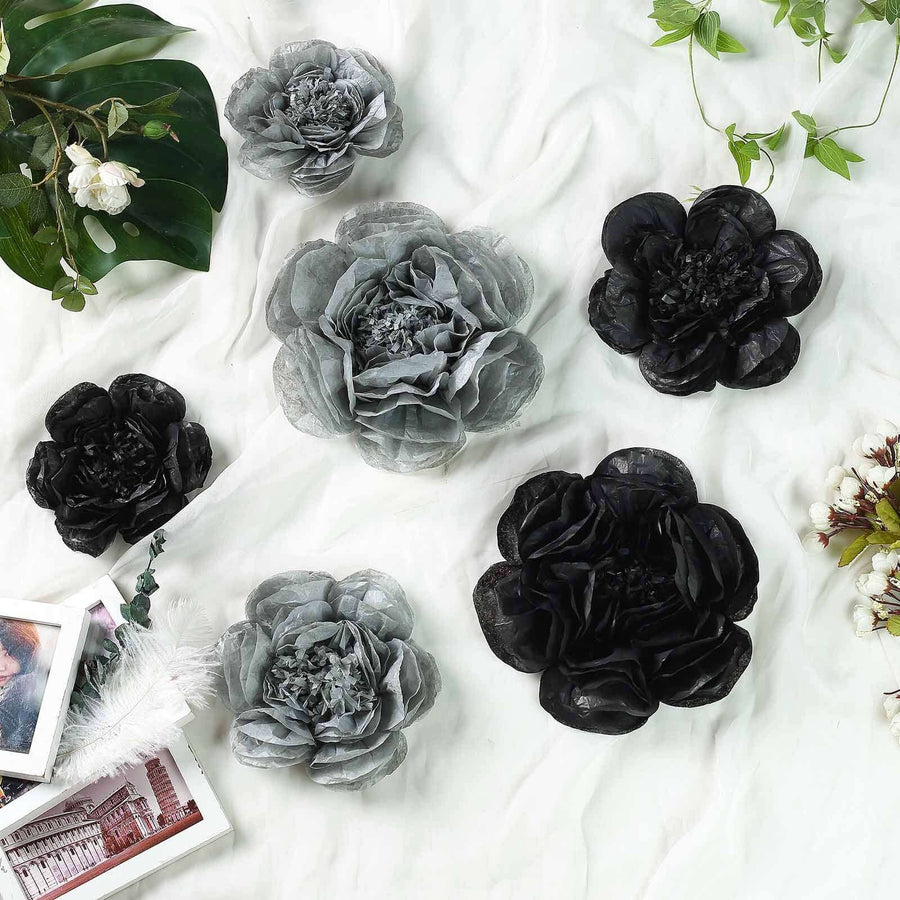 6 Pack Peony Paper Artificial Flowers | Wall Flowers | Assorted Size 7" | 9" | 11" - Black/Charcoal