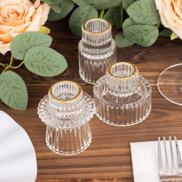 Set of 6 Glass Taper Candle Holders Ribbed Crystal Design with Gold Rim Clear - Reversible Mini Votive Tealight Stands 3"