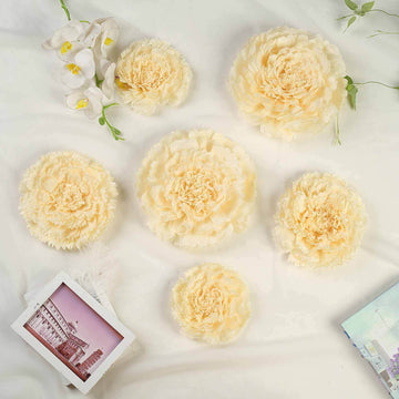 Set of 6 Ivory Cream Carnation 3D Paper Flowers Wall Decor - 7",9",11"