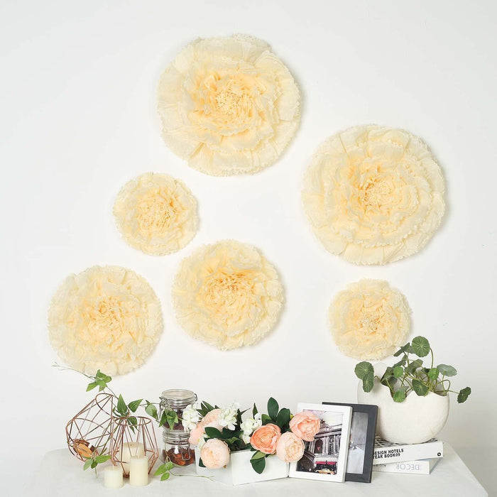 6 Multi Size Pack | Carnation Ivory/Cream 3D Wall Flowers Giant Tissue Paper Flowers - 12",16",20"