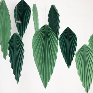 Set of 6 Mixed Green Leaves Hanging Paper Fans Backdrop Decor, Pre-Strung Foldable Tropical Palm Leaves Jungle Theme Party Supplies - 11",15"