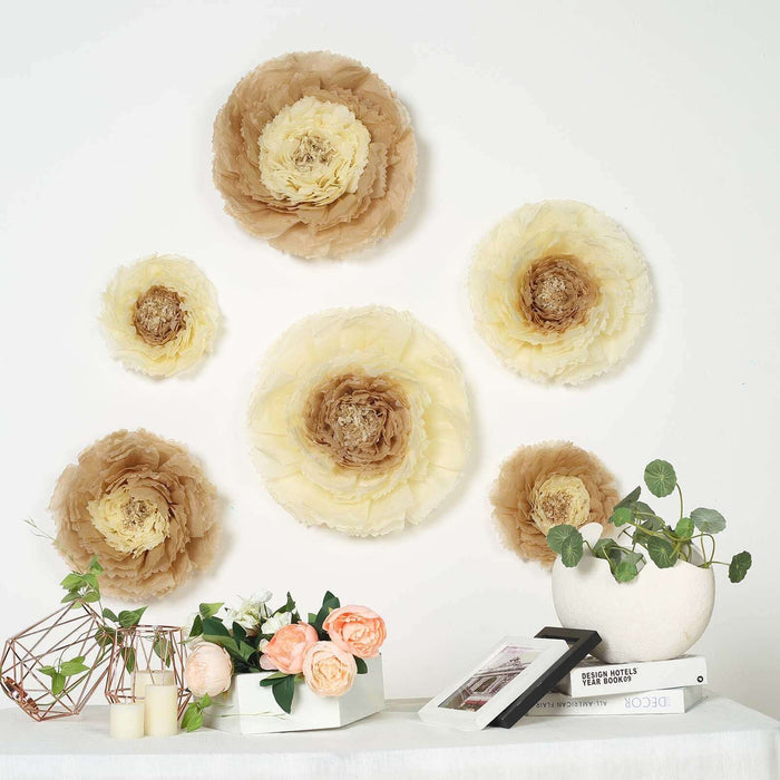 6 Multi Size Pack | Carnation Taupe/Natural 3D Wall Flowers Giant Tissue Paper Flowers - 12",16",20"