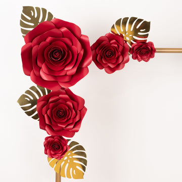 Set of 9 Red 3D Rose Paper Flowers with Gold Tropical Palm Leaves, Party Flower Backdrop Hanging Wall Decor