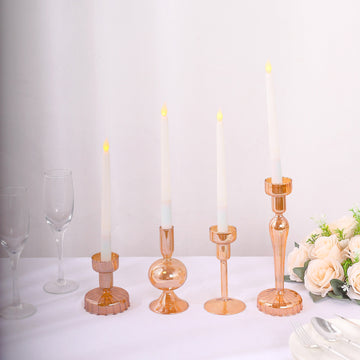 Set of 4 Assorted Gold Glass Taper Votive Candle Stands, Lined Crystal Glass Tea Light Candle Holder Set - 4", 5.5", 6", 9"