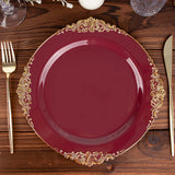 10inch Burgundy Gold Leaf Embossed Baroque Plastic Dinner Plates, Disposable Vintage Round Plates