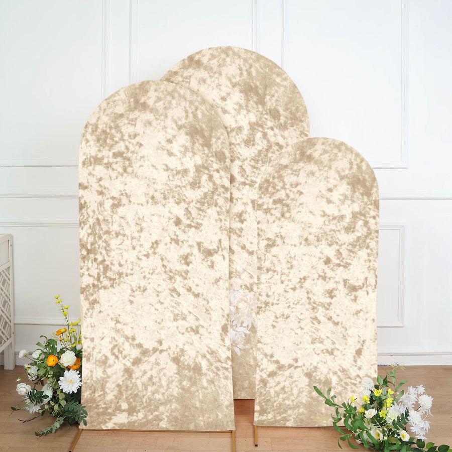 Set of 3 Champagne Crushed Velvet Chiara Backdrop Stand Covers For Round Top Wedding Arches