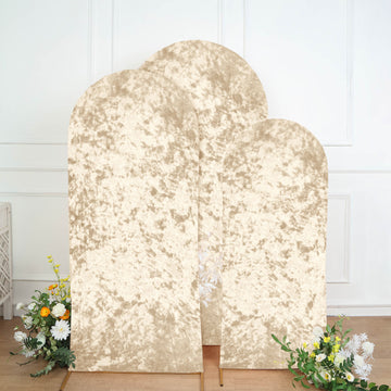 Set of 3 Champagne Crushed Velvet Chiara Backdrop Stand Covers For Round Top Wedding Arches - 5ft, 6ft, 7ft