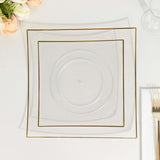 10 Pack | 10inch Clear / Gold Concave Modern Square Plastic Dinner Plates, Disposable Party Plates
