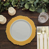 10 Pack | 10inch Gold / White Disposable Dinner Plates With Round Blossom Design With Gold Rim