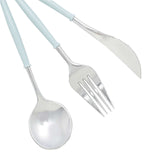 Silver 8Inch Modern Flatware Set, Heavy Duty Plastic Silverware With Baby Blue Handle#whtbkgd