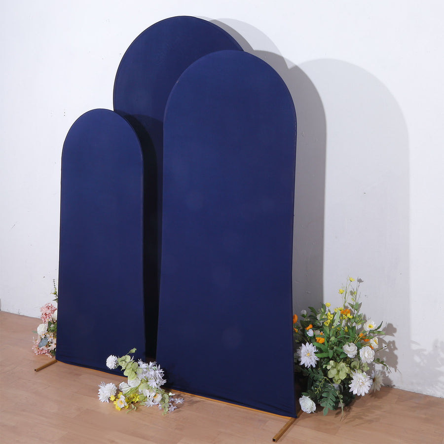 Set of 3 Matte Navy Blue Spandex Fitted Chiara Backdrop Stand Covers For Round Top Wedding