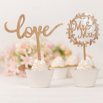 Set of 2 Rustic Mr & Mrs and Love Wedding Cake Topper Decorations, Natural Wooden Cupcake Topper Picks