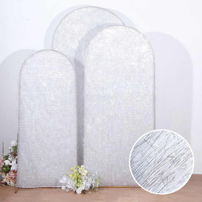 Set of 3 Silver Metallic Fringe Chiara Wedding Arch Covers With Tinsel Shag
