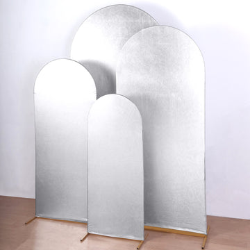 Set of 4 Silver Spandex Chiara Wedding Arch Covers With Metallic Finish, Fitted Covers For Round Top Backdrop Stands - 4ft, 5ft, 6ft, 7ft