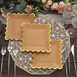 25 Pack | 7 Square Natural Brown Paper Salad Plates With Gold Scalloped Rim, Party Plates