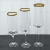 Set Of 3 | Clear Gold Rimmed Long Stem Glass Hurricane Candle Stands