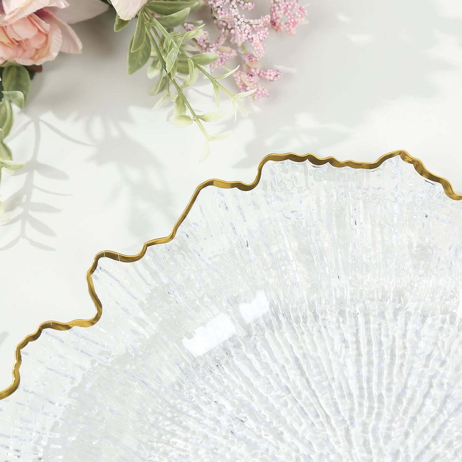 6-Pack Plastic Round Charger Plates 12" in Clear Reef Design with Gold Rim, Decorative Dinner Party Serving Plates