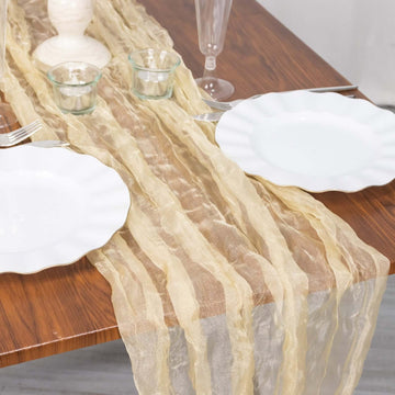 Sheer Crinkled Organza 9ft Table Runner Champagne - Rustic Chiffon Look