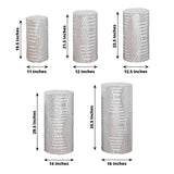 Set of 5 Silver Sequin Mesh Cylinder Pedestal Pillar Prop Covers with Geometric Pattern Embroidery