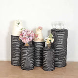 Set of 5 Black Sequin Mesh Cylinder Pedestal Pillar Prop Covers with Geometric Pattern Embroidery