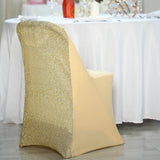 Champagne Spandex Stretch Folding Chair Cover, Fitted Chair Cover with Metallic Shimmer Tinsel Back