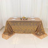 90x156inch Rose Gold Wave Mesh Rectangular Tablecloth With Gold Embroidered Sequins