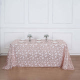 90x156inch Blush Rose Gold Sequin Leaf Embroidered Rectangular Tablecloth, Sheer Table Overlay