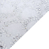 120inch Silver Sequin Leaf Embroidered Seamless Tulle Round Tablecloth, Sheer Table Overlay
