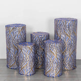 Set of 5 Royal Blue Wave Mesh Cylinder Pedestal Stand Covers with Embroidered Sequins, Premium