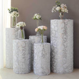 Set of 5 Silver Sequin Mesh Cylinder Pedestal Pillar Prop Covers with Leaf Vine Embroidery