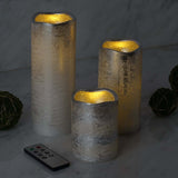 Set of 3 | Metallic Silver Flameless Candles | Battery Operated LED Pillar Candle Lights with Remote Timer - 4"|6"|8"