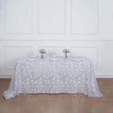 90x156inch Silver Sequin Leaf Embroidered Rectangular Tablecloth, Seamless Sheer Table Overlay