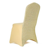 Champagne Spandex Stretch Banquet Chair Cover, Fitted with Metallic Shimmer Tinsel Back