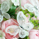 12 Pack | 2inch White Diamond Studded Wired Organza Butterflies