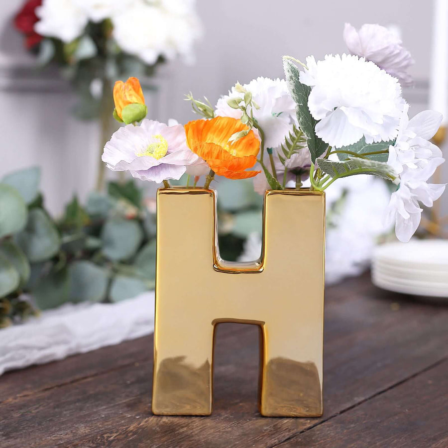 6inch Shiny Gold Plated Ceramic Letter "H" Sculpture Bud Vase, Flower Planter Pot Table Centerpiece