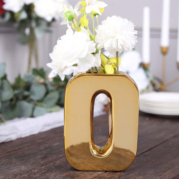 Shiny Ceramic Vase Letter "O" Gold Plated - Chic Bud Planter Pot for Events & Decor 6"