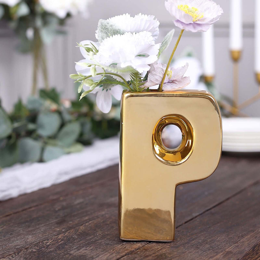 6inch Shiny Gold Plated Ceramic Letter "P" Sculpture Bud Vase, Flower Planter Pot Table Centerpiece