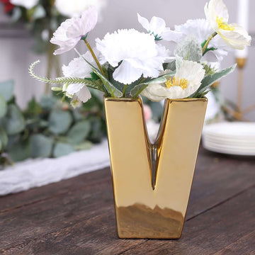 Shiny Ceramic Vase Letter "V" Gold Plated - Chic Bud Planter Pot for Events & Decor 6"